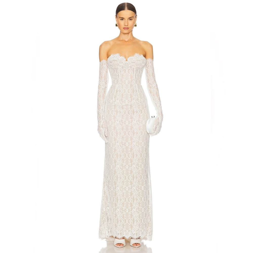 Bronx and Banco White Lace Off-Shoulder Wedding Gown